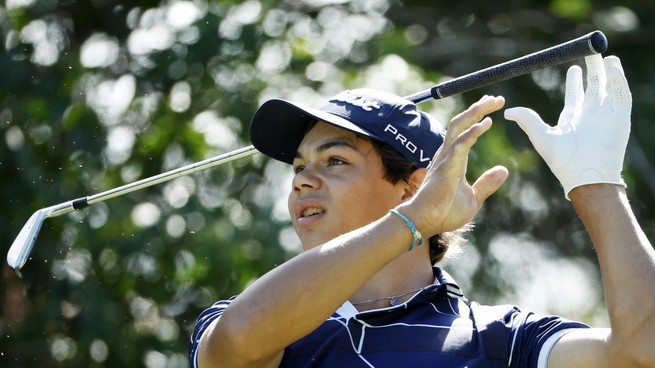 Charlie Woods reacts to a shot during pre-qualifying for The Cognizant Classic in The Palm Beaches at Lost Lake Golf Club on February 22, 2024 in Hobe Sound, Florida. (Photo by Cliff Hawkins/Getty Images)