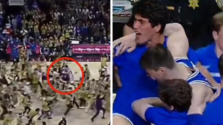 Duke forward Kyle Filipowski was hurt when Wake Forest fans stormed the court. Picture: Supplied