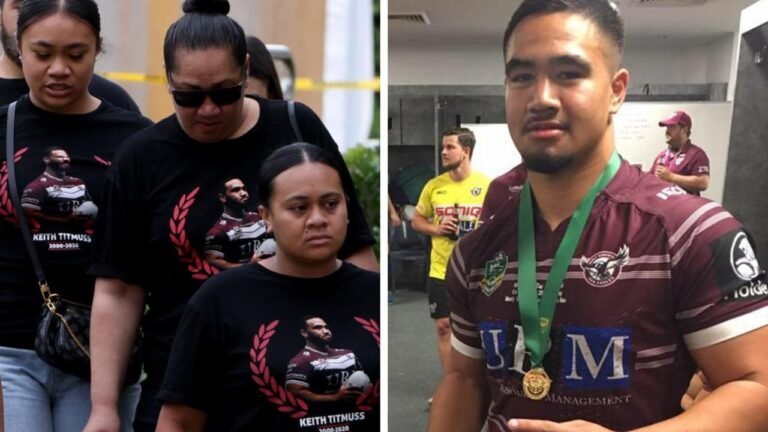 Family and supporters dressed in shirts bearing the late footy player Keith Titmuss’ face. Picture: NCA NewsWire / Damian Shaw