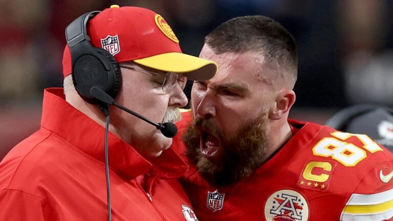 Travis Kelce #87 of the Kansas City Chiefs reacts at Head coach Andy Reid. Picture: Jamie Squire/Getty Images