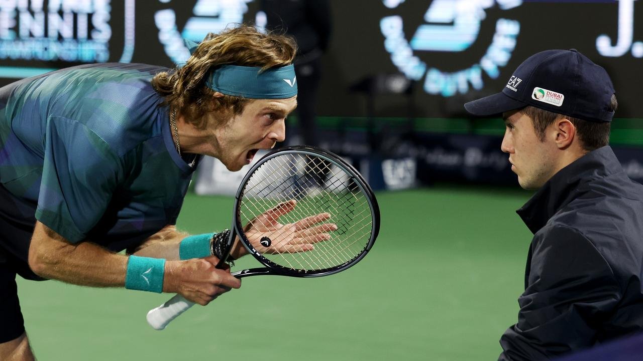 Andrey Rublev was defaulted for screaming at a line judge in a wild blow-up.