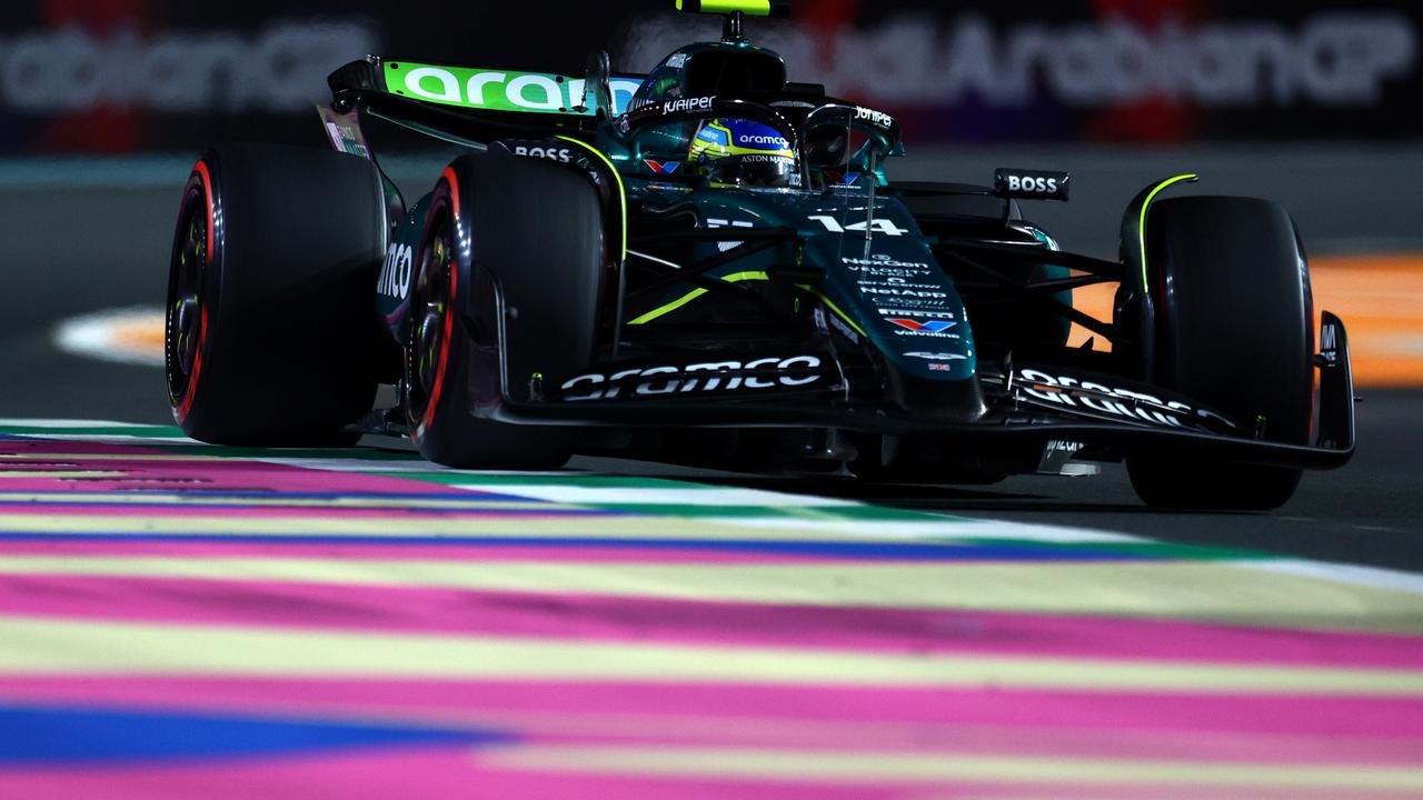 Fernando Alonso driving the (14) Aston Martin AMR24 Mercedes on track during practice ahead of the F1 Grand Prix of Saudi Arabia at Jeddah Corniche Circuit on March 07, 2024 in Jeddah, Saudi Arabia. (Photo by Clive Rose/Getty Images)